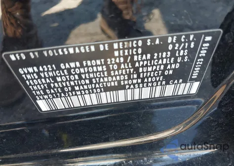 2015 Volkswagen Jetta 1.8T Se z USA, uszkodzony, nr VIN 3VWD17AJ3FM301301